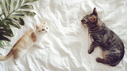 Playful cats on a cozy bed home setting pet photography indoor environment aerial view feline friendship