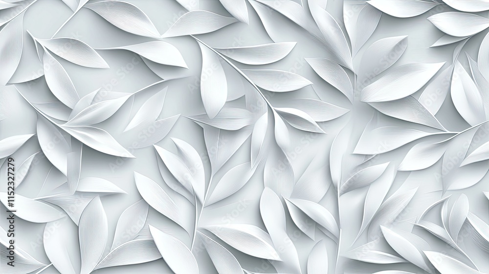 Poster this seamless pattern features intricately embossed grey leaves on a simple background, ideal for mo