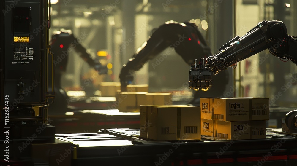 Poster robotic arms efficiently sorting packages in a modern warehouse setting.