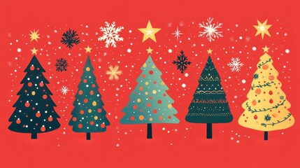 Festive Christmas tree  illustration set with colorful decorations and snowflakes against a dark winter night sky