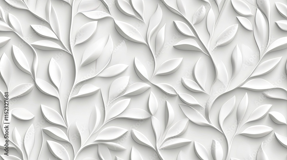 Poster this seamless pattern features intricately embossed grey leaves on a simple background, ideal for mo