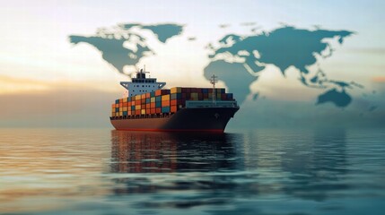 Fototapeta premium Cargo ship navigating calm waters with a world map silhouette in the background.