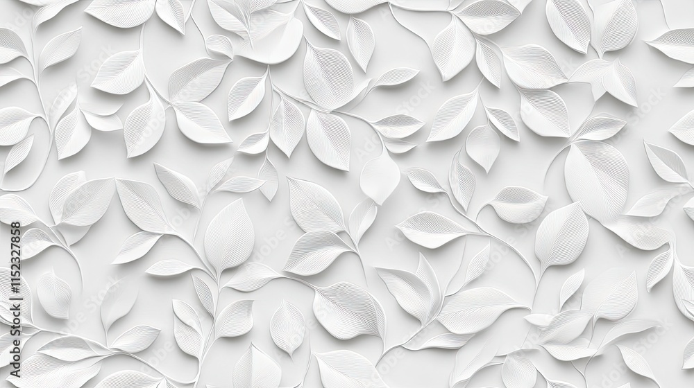 Poster this seamless pattern features intricately embossed grey leaves on a simple background, ideal for mo