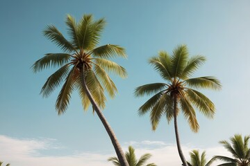 there are two palm trees that are standing in the sand