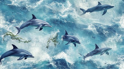 Fototapeta premium Dolphins swimming in turbulent ocean waves marine habitat digital artwork underwater environment aerial view nature's beauty