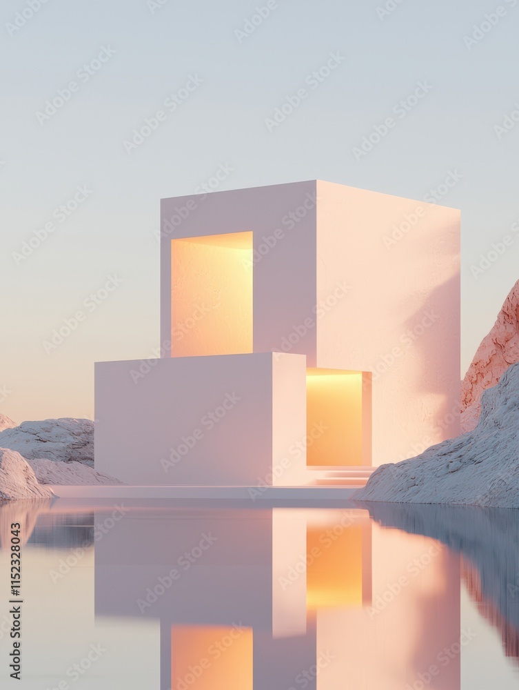 Poster futuristic architecture showcase serene landscape digital art peach fuzz tones tranquil reflection m