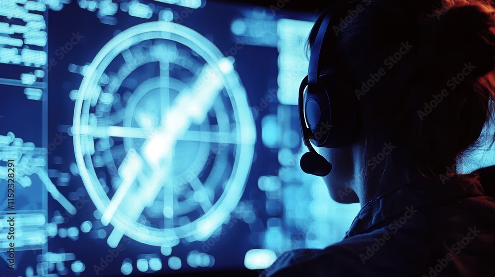 Poster female operator focused on high-tech radar display in a control room.