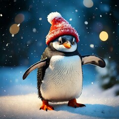 A Bubbly penguin with a Christmas hat on dancing in the snow