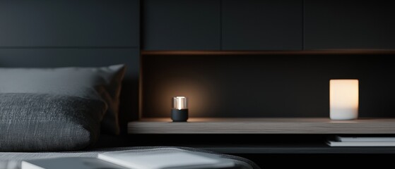 A bedroom with a nightstand with a lamp on it