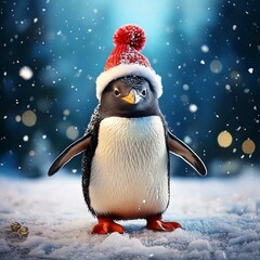 A Bubbly penguin with a Christmas hat on dancing in the snow