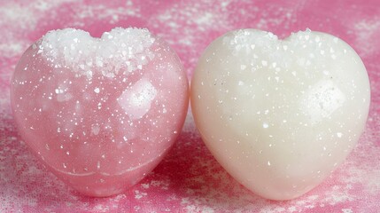 Two glowing hearts on a soft pink pastel background for a romantic and dreamy atmosphere