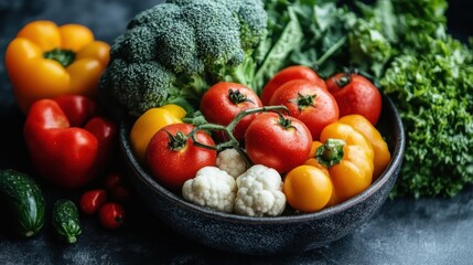 Fresh Organic Vegetables in a Bowl with Broccoli, Colorful Peppers, Tomatoes, Cauliflower, and Greens