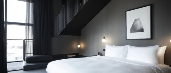 A black and white photo of a hotel room with a bed, a staircase, and a window