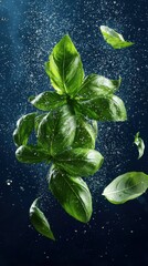Fresh basil leaves sinking gracefully in water underwater nature calm environment