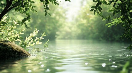 Naklejka premium Tranquil river flowing through lush forest nature scene serene environment close-up view peaceful concept