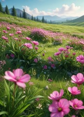 Obraz premium Vibrant pink spring flowers in a lush green meadow, meadow, outdoor