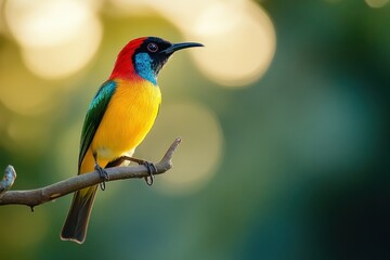 Fototapeta premium Vibrant Tropical Bird Perched on Branch Against a Soft Bokeh Background, Showcasing Its Stunning Colors of Red, Yellow, Blue, Green in Nature's Beauty