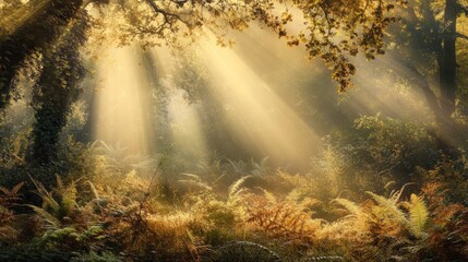 Obraz premium Enchanting sunlight breaking through forest canopy nature scene tranquil environment serene viewpoint natural beauty