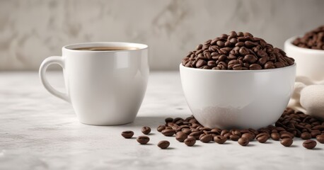 Whole coffee beans beside a clean white ceramic cup, clean, rustic, breakfast