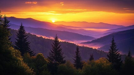 Obraz premium Serene sunrise over misty mountains with lush greenery