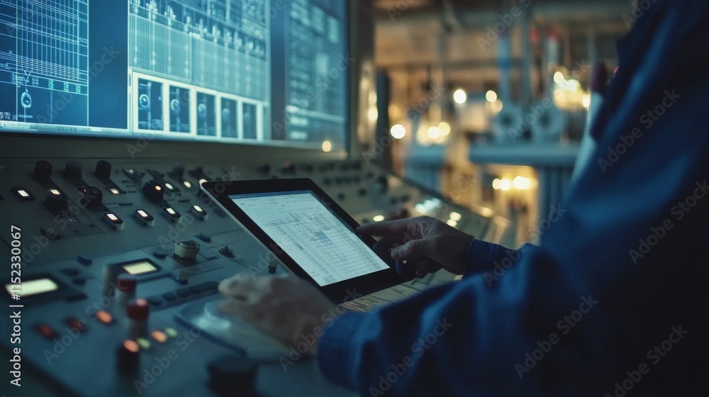 Poster industrial control system monitoring factory floor digital interface high-tech environment close-up 