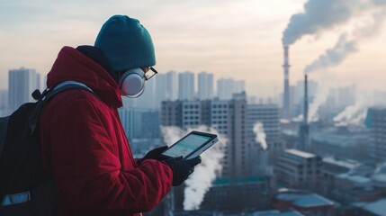 Urban pollution awareness person using tablet in industrial cityscape environmental impact dusk view social responsibility