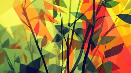 Abstract depiction of leaves in vibrant colors and geometric shapes.