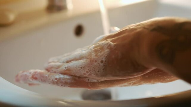 The person has soapy hands.
A man washes his hands with soap.
Disinfectants and hand care.
Antibacterial soap in the hands of a guy.
A man looks after his health