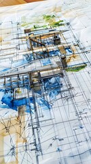 Obraz premium Blueprints featuring detailed architectural sketches in vibrant colors showcase innovative design concepts