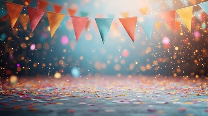 Colorful flags adorn vibrant scene filled with shimmering confet