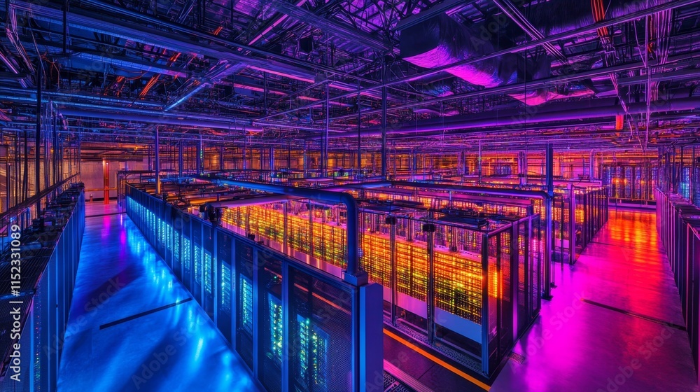 Poster data center operations high-tech facility digital infrastructure futuristic environment wide-angle v