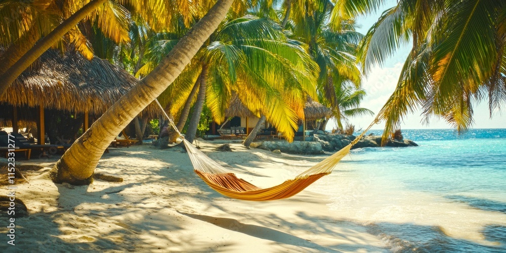 Poster a tranquil beach scene features a hammock tied between palm trees. soft waves lap at the shore. the 