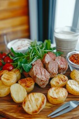 Delicioso plateo caliente de Marka Batata con carne, papas asadas y ensalada fresca servido en un ambiente acogedor