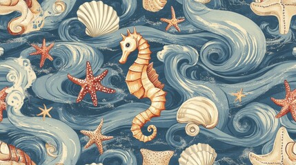 Underwater adventure seahorses and starfish in a vibrant ocean scene coastal waters art illustration whimsical style