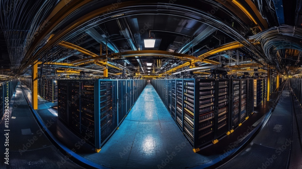 Poster data center operations technological hub infrastructure industrial environment wide-angle view digit