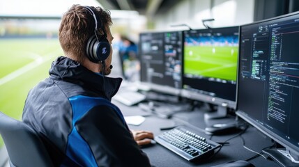 Professional sports analyst using technology to review live soccer game footage and enhance performance