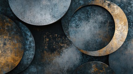 Abstract design featuring circular shapes with a textured, metallic appearance.