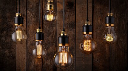 A stunning display of vintage-style light bulbs hanging against a rustic wooden backdrop.