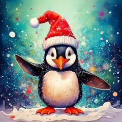 A Bubbly penguin with a Christmas hat on dancing in the snow