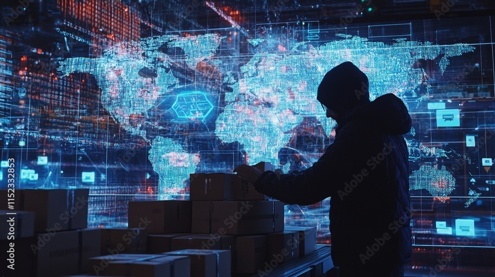 Poster cybersecurity operations warehouse surveillance global map analysis digital environment high-tech vi