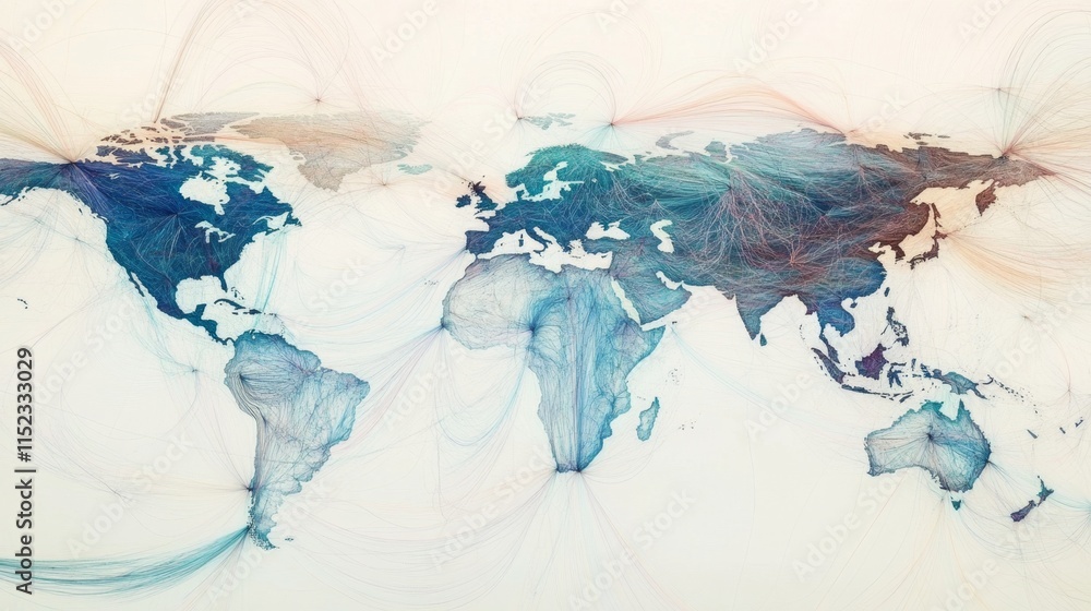 Poster global connections illustrated a world map of data flow digital art abstract visualization global ov