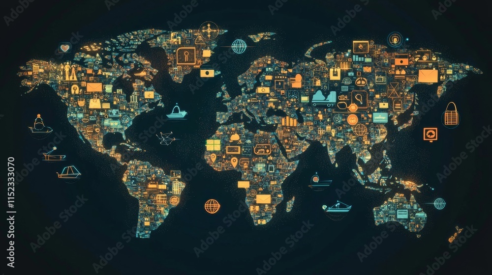 Poster global connectivity map world digital illustration technology aerial view data visualization of mode