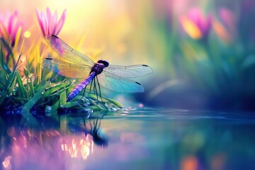 Naklejka premium Vibrant Dragonfly Resting on Lush Greenery by a Tranquil Water Body Surrounded by Colorful Flowers in Soft Focus Background
