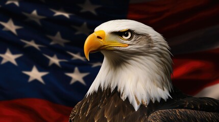 Naklejka premium Eagle-Headed Eagle Perched Above American Flag