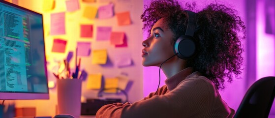Focused Black woman wearing headphones, deeply engaged in coding at her colorful workspace.