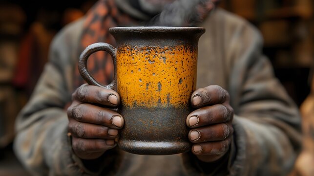 A Black man holding a steaming ceramic mug with both hands