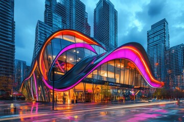 Obraz premium Vibrant Modern Architecture of a Stylish Building Featuring Colorful Neon Lights Amidst Urban Cityscape at Twilight in a Bustling Metropolis