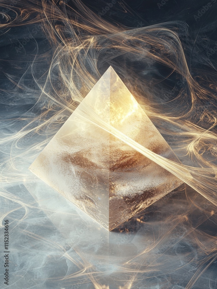 Poster glowing apex of an abstract pyramid surrounded by ethereal smoke digital art futuristic environment 