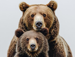 Two brown bears stacked on top of each other against a white background