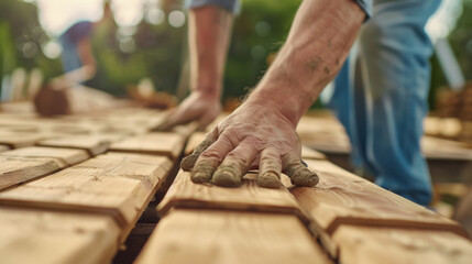Skilled Craftsman Working with Wooden Planks in Construction Site Under Bright Natural Light, Focus on Hands and Textures of Timber